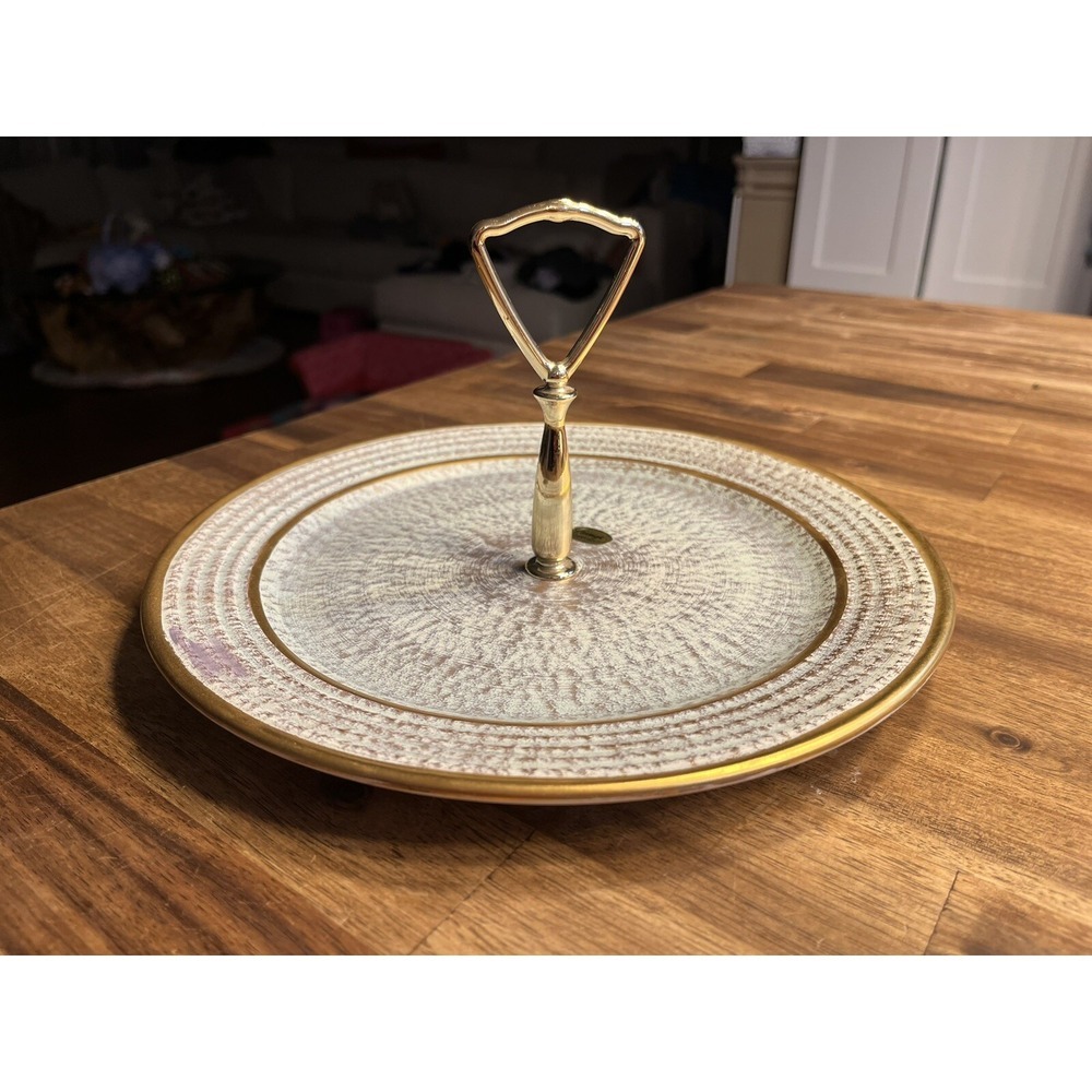 Vintage Stangl Pottery Single Tier Tidbit Tray - 22K Gold Trim Center Handle